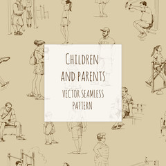Children and parents, stroll with children. Hand-drawn vector seamless pattern