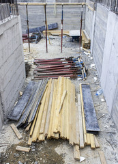 Perspective shot of metal small column in the construction of basement at Izmir in Turkey