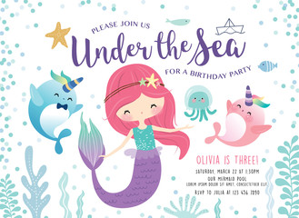 Estores personalizados com sua foto Kids birthday party invitation card with cute little mermaid and marine life