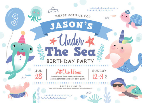 Kids birthday party under the sea theme invitation card with cute marine life cartoon character