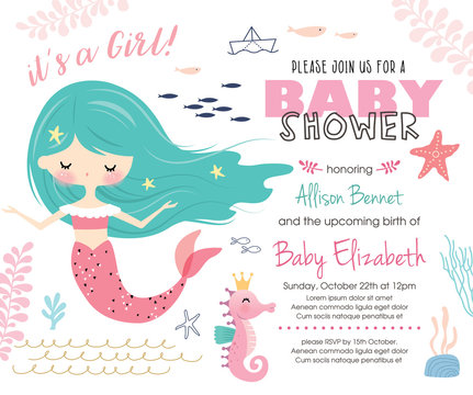 Baby shower invitation card with cute little mermaid and marine life