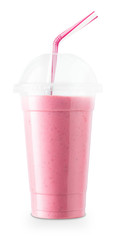 strawberry smoothie in plastic glass