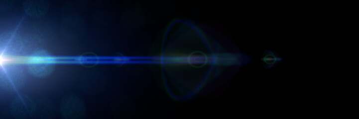 intense blue lens flare effect overlay texture banner with bokeh effect and light streak in front a black background