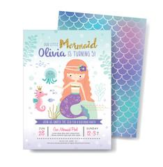 Kids birthday party front and back invitation card with cute little mermaid and marine life