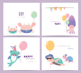 Set of cute little marine life cartoon character greeting cards design 