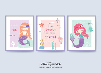 Set of cute little mermaid nursery poster