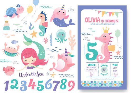 Birthday party invitation card template with cute little mermaid, marine life cartoon character and birthday anniversary numbers