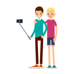 Man selfie isolated. Friends do joint self-portrait photograph. Happy smiling young man taking selfie photo. Illustration in flat style. Isolated