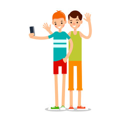 Man selfie isolated. Friends do joint self-portrait photograph. Happy smiling young man taking selfie photo. Illustration in flat style. Isolated