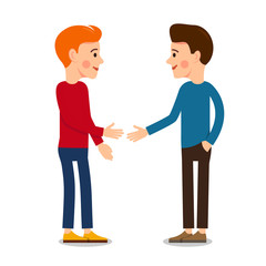 Young man cartoon illustration isolated on white background in flat style. Guy standing and welcomes with a raised hand. Funny cartoon character