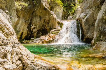 Enipea source of the river "Zeus Bath" on Mount Olympus near the village of Litochoro in Greece