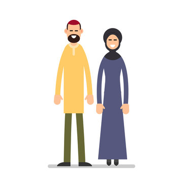 Arab couple. Arabic man and woman in traditional clothes standing together. Cartoon illustration isolated on white background in flat style