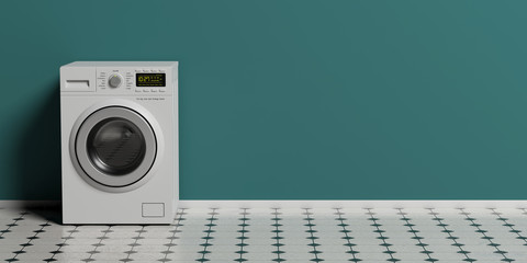 Clothes washer, dryer machine on tiled floor, green wall background, copy space. 3d illustration