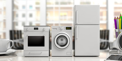 Home appliances set on business office blur background. 3d illustration - obrazy, fototapety, plakaty