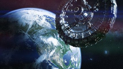 space station in orbit of planet Earth © dottedyeti