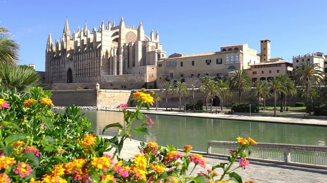 View of Cathedral La Seu and Parc de la Mar in Palma de Mallorca historic city center, Spain Balearic Islands