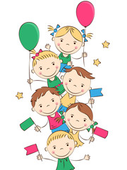 Happy cartoon kids with colored flags and balloons. Funny boys and girls. Holidays, vacations, weekends. Vector illustration