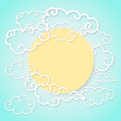 Chinese paper cut style clouds and sun or moon in blue sky. Blank card template. Vector.