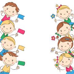 Funny doodle kids with colored flags and flowers. Happy cartoon boys and girls. Holidays, vacations, weekends. Vector illustration