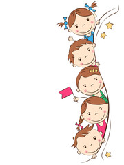 Happy cartoon kids. Funny boys and girls. Holidays, vacations, weekends. Place for your text. Vector illustration