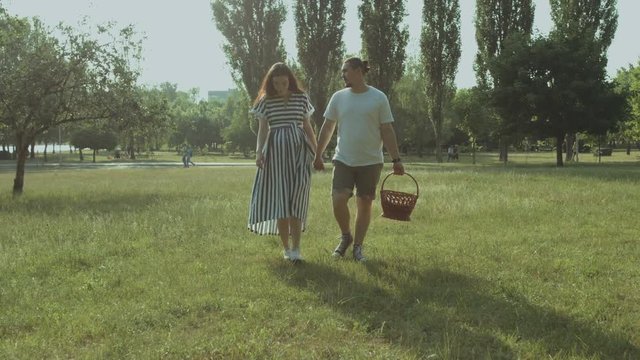 Excited attractive pregnant couple in love holding hands and going on romantic picnic at sunset. Carefree young family walking on green field and talking while enjoying romantic date in nature.