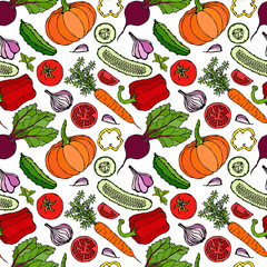 Vegetable Seamless Pattern with Cucumbers, Red Tomatoes, Bell Pepper, Beet, Carrot, Onion, Garlic, Chilli, Pumpkine. Fresh Green Salad. Healthy Vegetarian Food. Hand Drawn Illustration. Doodle Style.