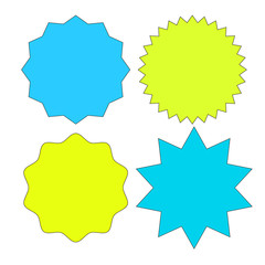 Set of multicolor starburst stamps on white background. Badges and labels various shapes.  Vector illustration