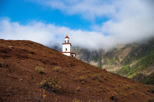 The church La Candelaria on a red sloping hill, Frontera, El Golfo, El Hierro, Canary Islands, Spain
