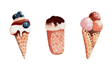 A set of summer ice cream, in a watercolor style.