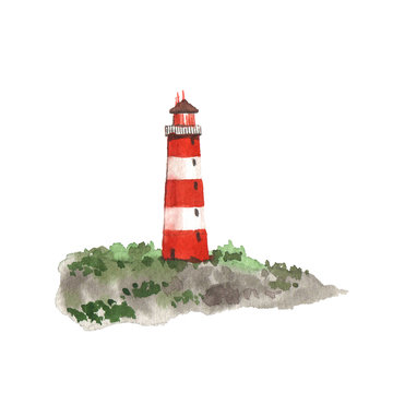 Watercolor lighthouse. Isolated object on white background.