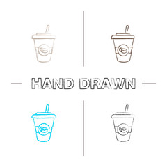 Iced coffee drink hand drawn icons set