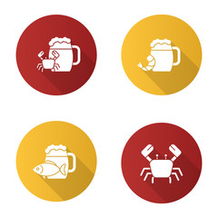 Beer seafood snacks flat design long shadow glyph icons set