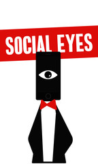 Social eyes concept. Looking through mobile phones. Man wearing suit with mobile head