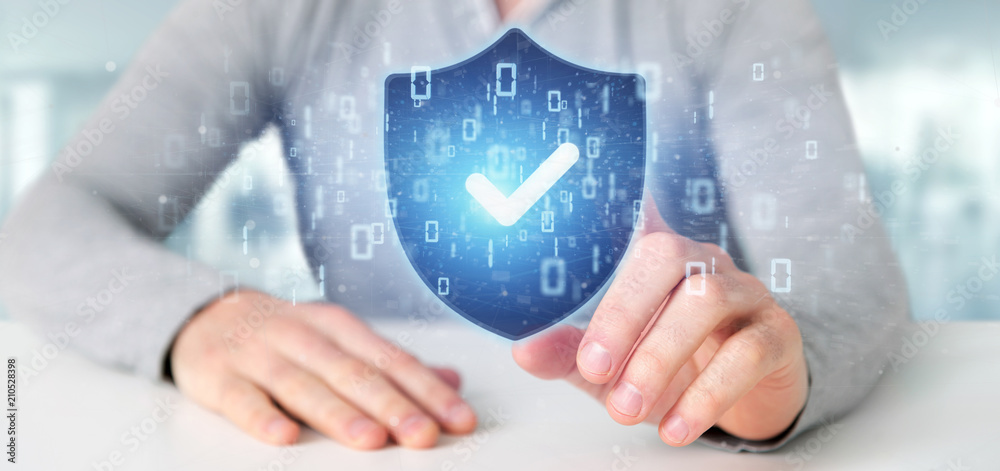 Poster man holding a shield web security concept 3d rendering