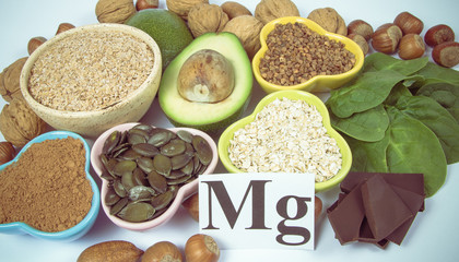 Products containing magnesium. Healthy food. White background.