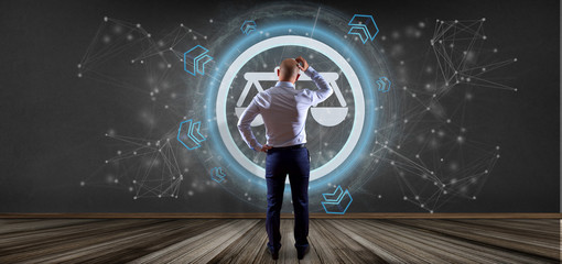 Man holding a Technology justice icon on a circle 3d rendering