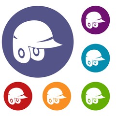 Baseball helmet icons set in flat circle red, blue and green color for web