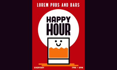  Happy Hour Concept. Modern vector grungy illustration for web, poster, invitation to party. Vector Illustration of Whiskey Glass. Cute Glass Character.