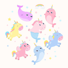 Magical creatures. Narwhal, unicorn mermaid, pegasus vector illustration