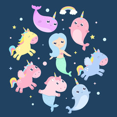 Magical creatures. Narwhal, unicorn mermaid, pegasus vector illustration