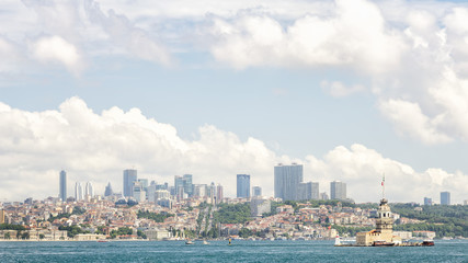 Wide Angle View Of Bosphorus With Maiden's Tower, Istanbul, Turkey