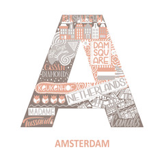 Amsterdam abstract sight map. Pink pastel color. City alphabet typography. Vector illustration