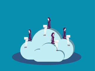 Fototapeta premium Business team sitting on cloud and working. Vector illustration office worker business concept, Marketing online, Data technology.