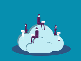Business team sitting on cloud and working. Vector illustration office worker business concept, Marketing online, Data technology.