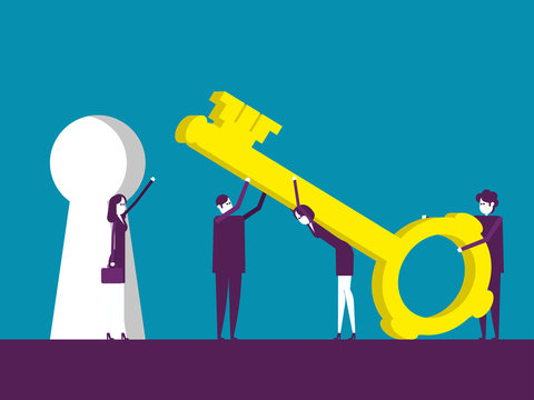 Important key, Business team and big key. Vector illustration business concept, Teamwork, Partnership, Office workers.