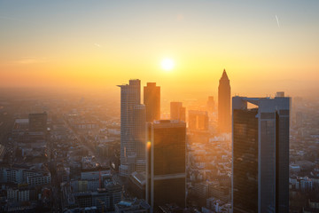 Frankfurt am Main - Beautiful sunset aerilal view of the financial district - obrazy, fototapety, plakaty