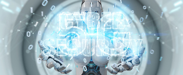 White humanoid woman using cyber security text hologram 3D rendering