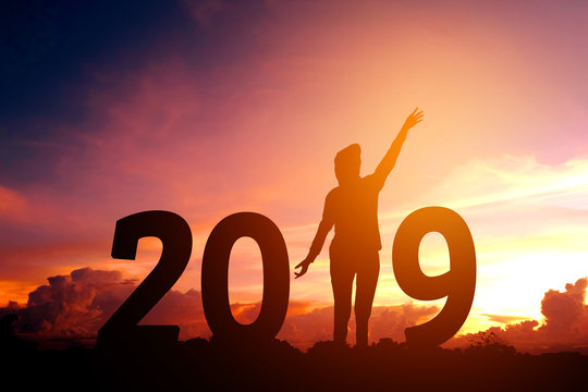 Silhouette young woman Happy for 2019 new year