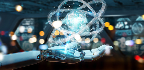 White robot hand creating future technology structure 3D rendering