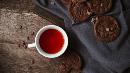 Delicious Tasty chocolate cookies with hot tea